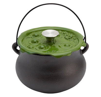 Enameled cast iron green 'bubbling' lid cauldron
