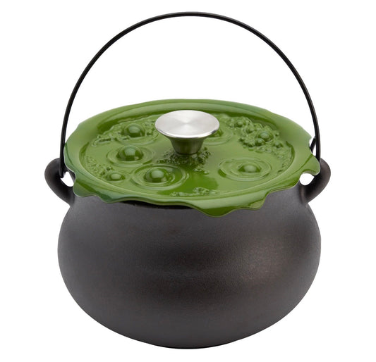 Enameled cast iron green 'bubbling' lid cauldron